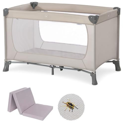 Hauck Baby Reisebett Set Dream n Play mit extra Alvi Komfort Matratze und Moskitonetz - faltbares Kinder Babyreisebett mit Tasche - Beige