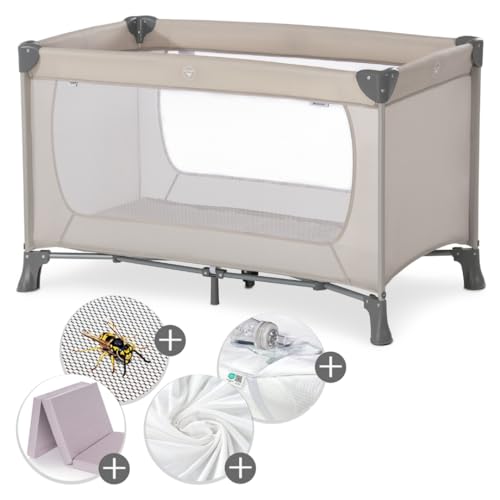 hauck Reisebett XXL-Sparset - Dream`n Play inkl. Alvi Reisebett-Matratze + wasserdichte Betteinlage + 2 Spannbettlaken + Insektenschutz - Beige